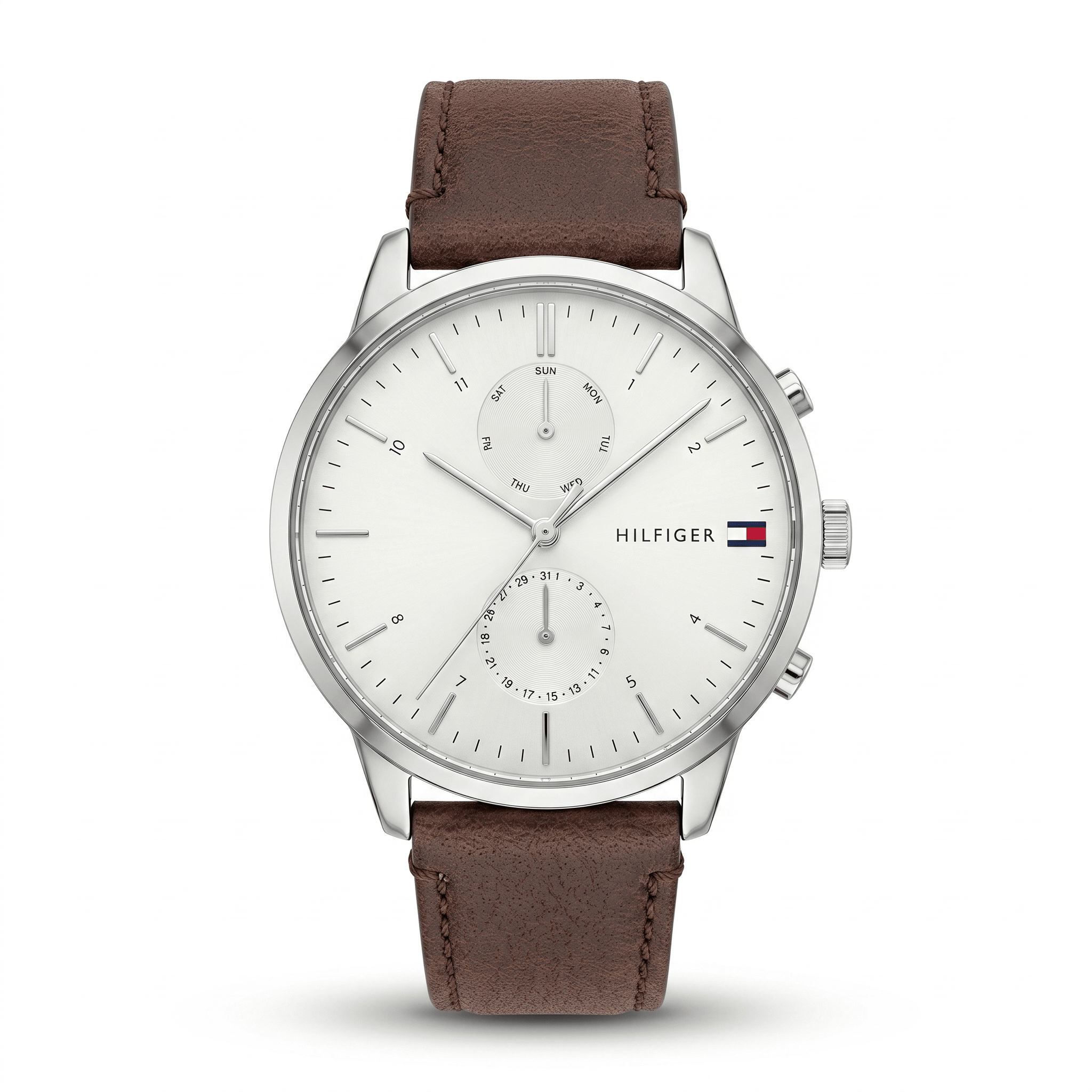 Tommy Hilfiger Multi-Function Leather Strap Watch (Classic Silver Dial)